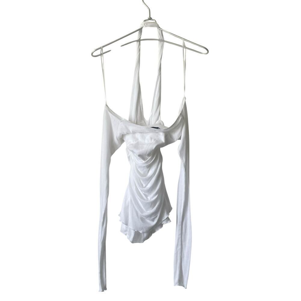 Zara White Off Shoulder Ruched Fitted Blouse Long Sleeve Size Small - Picture 4 of 8